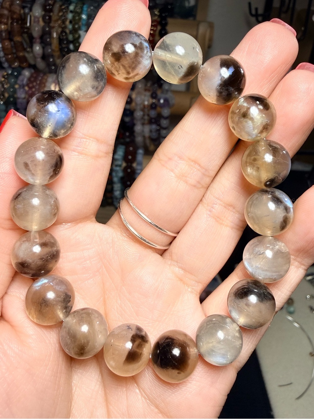 Skeletal Moonstone Bracelet 12mm Blue Flash Gemstone Stretch